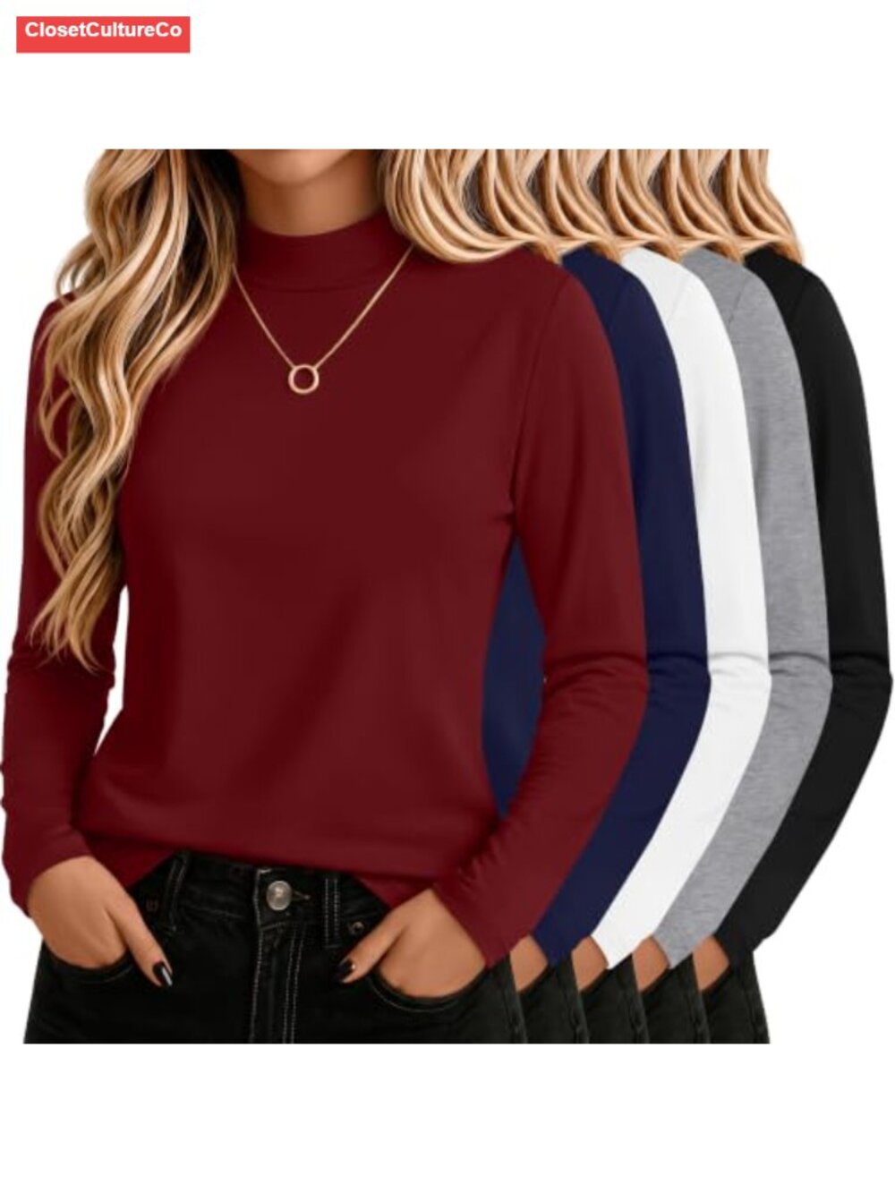 Mock Turtleneck Long Sleeve Cotton T-Shirts 5 Pack Slim Fit Basic Tops